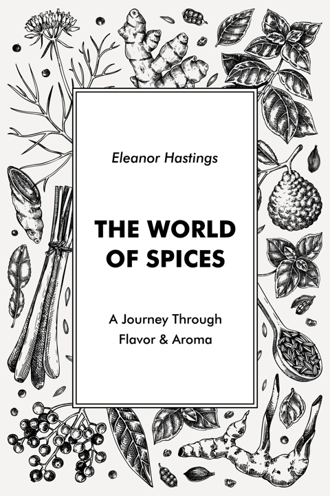 Sketch style book cover design. Hand drawn spices vector illustration. Basil, galangal, cumin, cilantro, tumeric, lemongrass, lime sketches. Herbs background. NOT AI generated